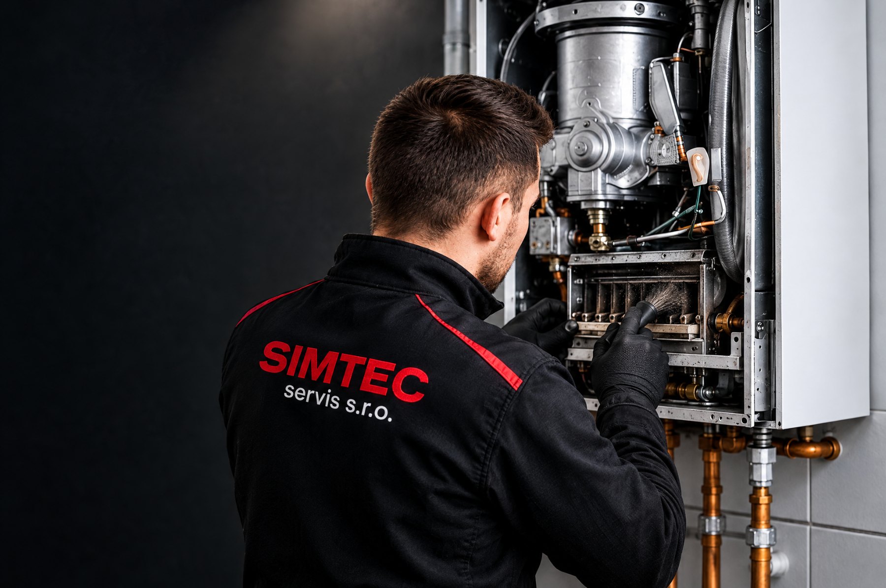 Technik SIMTEC servis pri ročnej prehliadke kotla